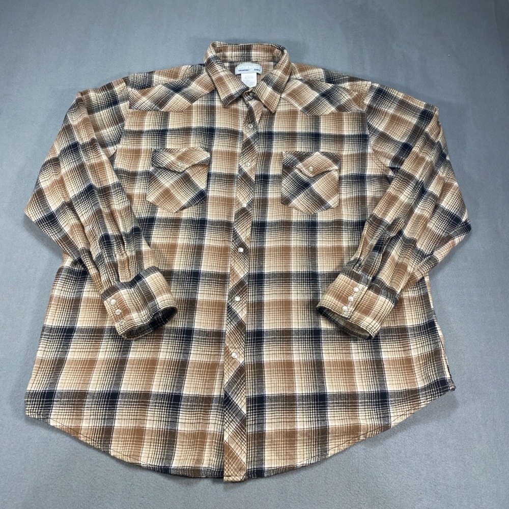 Wrangler Wrancher Men's 2XL Plaid Flannel Brown Pearl‎ Snaps Western Cowboy